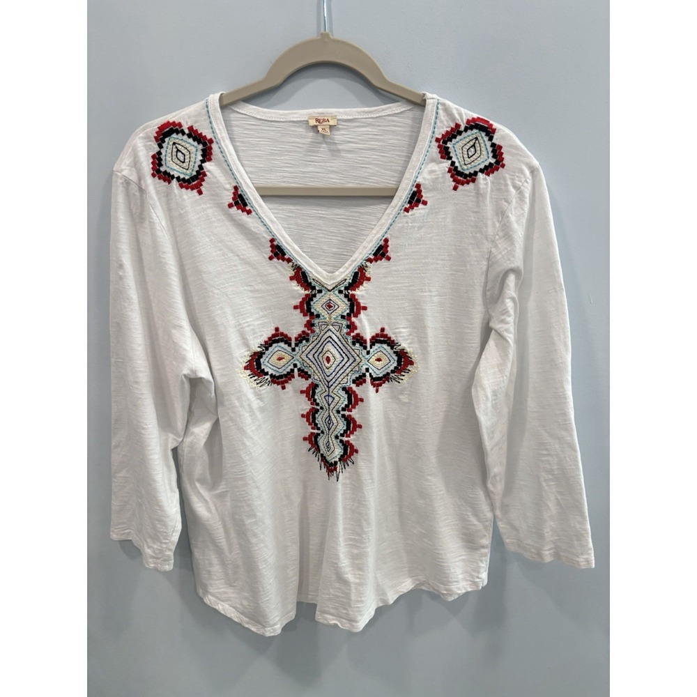 Reba White Embroidered V Neck Top XL Cotton Boho 3/4 Sleeve Festival Artsy